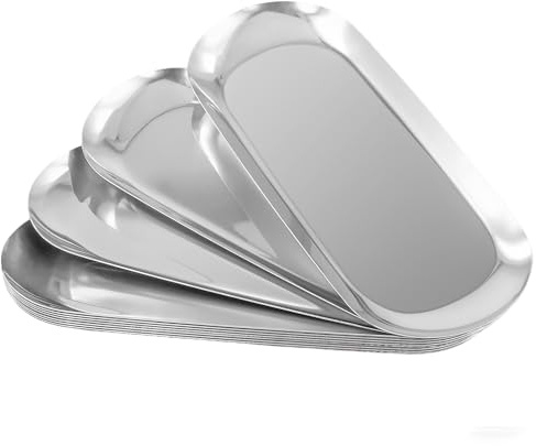 JIEHIN 10 Stück Dekotablett Silber Oval, 18 x 8,5cm Kleines Silbernes Tablett Oval aus Edelstahl, Metall Dekoteller Ablageschale für Schmuck Kerzen Deko