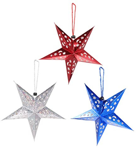 Garneck 3stücke Teiliges Weihnachtspapier-hängedekor Pentagramm Anhänger Silber Rot Blau Umweltfreundlich Stylische Weihnachtssterne Für Innen Weihnachtsbaum Fenster Deko