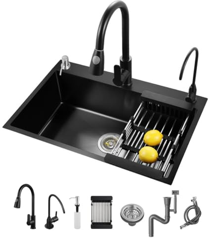 LIJIJUCN Fregadero De Cocina De Acero Inoxidable Negro, Fregadero De Cocina Con Varios Accesorios Deslizantes, Fregadero De Cocina Con Varios Accesorios (50 x 45 cm)