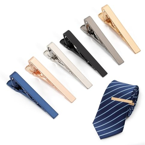 6 Pack Tie Clip for Men, Long Styles Silver Gold Black Blue Tie Pins for Necktie Bar, Tie Clips Square Edges for Men Business Daily Life Wedding Anniversary Father's Day Gifts