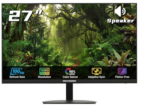 Okaysonic 27 Inch Monitor - 1080P, VA, Full HD, Frameless, 100Hz, 1ms, Adaptive-Sync, for Working and Gaming, Low Blue Light, Flicker Free, HDMI, VESA Mountable (100x100mm)