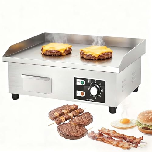 Piastra Elettrica In Acciaio Inox Da 14/22 – Griglia Superiore Piatta Commerciale Da 1700w, Temperatura Regolabile (50°C-300°C), Per Ristoranti Per Casa E Cucina – 220v(1700W)