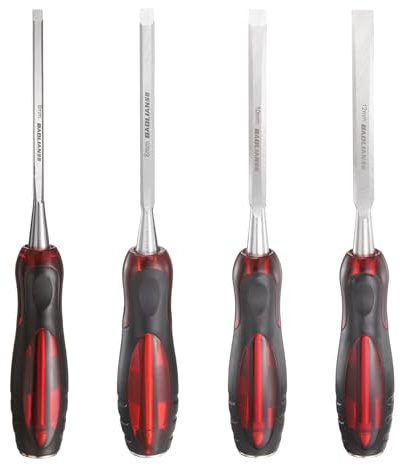 sourcing map 4pcs Wood Chisel Set 6mm/8mm/10mm/12mm CR-V Steel Beveled Edge Blade Wood Woodworking Tools with PVC Handle for Carving Woodworking DIY Projects