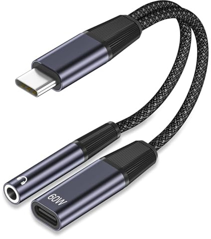 2 i 1 USB C till 3,5mm uttag adapter för hörlurar och laddning,USB C till Aux hörlursadapter med PD 60W C kabel snabbladdning för iPhone 17/16/15 Pro Max,iPad Pro,MacBook,Samsung Galaxy S25/S24/S23