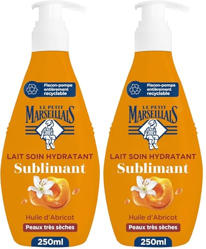 Le Petit Marseillais - Lait Soin Hydratant Nacré Sublimant (Flacon-Pompe de 250 Ml) – Lait Corps pour Peaux Très Sèches Confort 24H – Lait Corporel à l'Huile d'Abricot, Lys Blanc et Nacres (Lot de 2)