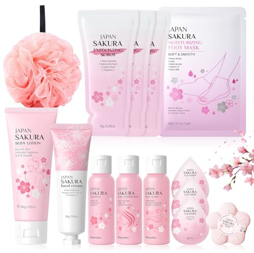 Set de Baño Mujer, 14PCS Sakura Set Baño Mujer, Sakura SPA Kit con Champu|Gel de Ducha|Acondicionador Pelo|Crema Manos|Mascarilla Pies|Body Lotion|Exfoliante Corporal, Cuidado Integral de la Piel