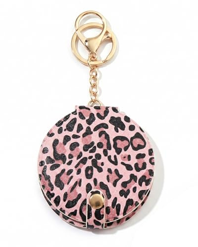 HAPZUR Espejo de Bolsillo Compacto de Doble Cara, Con Leopardo y Llavero, Fabricado en PU Cuero, Plegable y Portátil, de Viaje para Bolso, Billetera (Rosa).