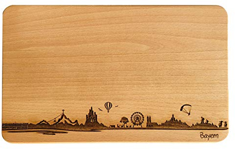 Brotzeitbrett Bayern Skyline | Frühstücksbrettchen aus Buche | Holz Schneidbrett | Geschenk mit Gravur | Bundesland Bayern | Frühstücksbrett (Brett L (26x16x1,5cm), ohne persönlicher Gravur)