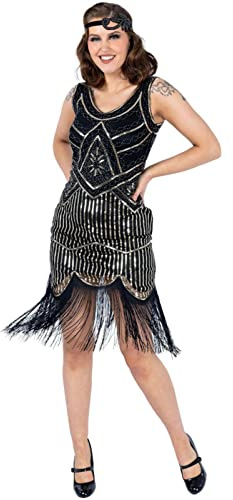 Ro Rox Vestido Años 20 Mujer Flecos Great Gatsby Vintage Flapper, Schwarz & Gold, M