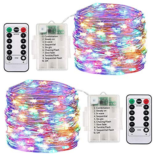 ooklee LED Kupferdraht Lichterkette, 2er 10M 100 LEDs Lichterkette Batterienbetrieben mit Fernbedienung Wasserdichte 8 Modi Timer für Innen Außen DIY Schlafzimmer Weihnachten Garten Hochzeit (Bunt)