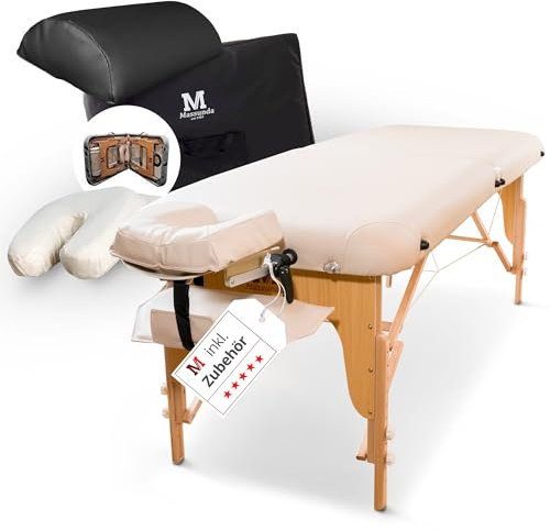 MASSUNDA – Mobile Comfort Deluxe Massageliege klappbar & höhenverstellbar – EXTRA breiter Massagetisch aus Vollholz – Massagebank mit ergonomischer Kopfstütze, Bezug, Armlehne, Kissen (Creme)