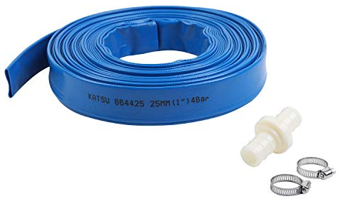 KATSU Tubo flessibile di scarico piatto 20 m x 25 mm, con 2 Clip e Connettore, per Pompe Sommerse e Altre Pompe dell'Acqua, per Laghetti Drenanti, Irrigazione del Giardino, Piscina, Blu 664425