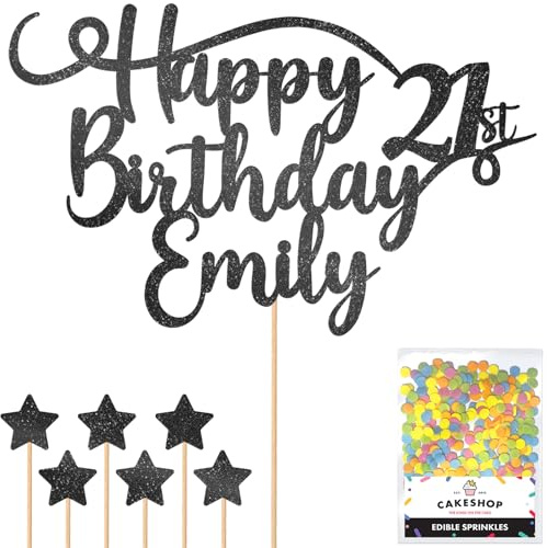 Personalised Happy Birthday Glitter Cake Topper - Black Any Name & Any Age Glitter Cake Decoration and Sprinkles - Happy Birthday Decorations - Personalised Toppers for Cakes by Cakeshop