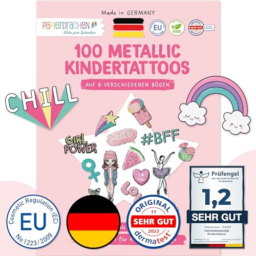 Papierdrachen 100 Metallic-Tattoos für Kinder - Hautfreundliche Kindertattoos Pop Art - als Geburtstagsmitgebsel & Geschenkidee - für Jungen und Mädchen - in Deutschland hergestellt