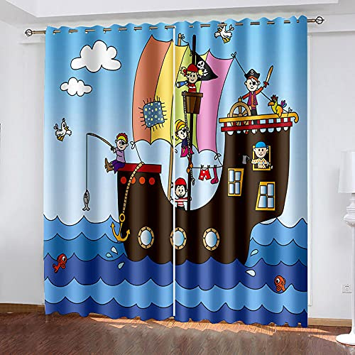 HKDGHTHJ Ösen Gardinen 132 X 138 cm Blau Meer Pirat Cartoon 2Er Set Kinder Vorhang Blickdicht Schal Gardine Blickdichte Mit Ösen 3D Printing Shading Vorhänge