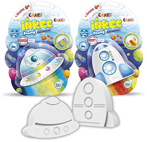 INKEE FOAMY SPACE | 2er Pack Kinder Badebomben mit Erdbeer-Duft, Badekugeln im Rakete oder Raumschiff Form, mehrfarbigen Schaum