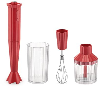 Alessi Plissé MDL10S R - Stabmixer mit Messbecher, Schneebesen und Zerkleinerer, aus Thermoplastischem Harz, Europäischer Stecker 500W, Rot