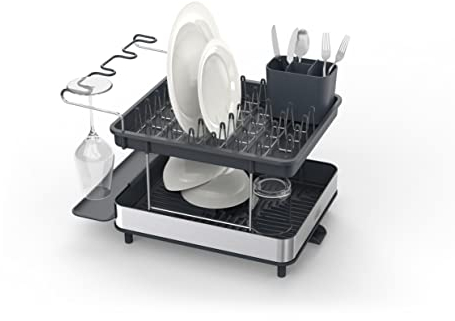 Joseph Joseph Excel- Égouttoir à vaisselle à 2 niveaux pour comptoir de cuisine, égouttoir à vaisselle avec bec d'égouttage, égouttoir à couverts mobile, porte-verre à vin- Acier inoxydable