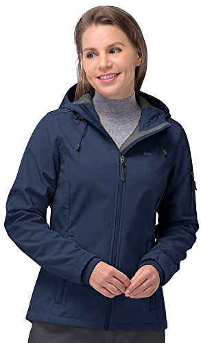 33,000ft Softshelljacke Damen Wasserdichte Atmungsaktive Warme Winterjacke Fleece Übergangsjacke Winddichte Funktionsjacke mit Kapuze Dunkelblau/Dunkelgrau M