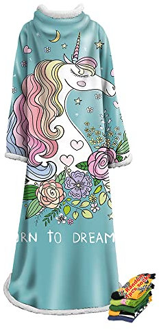 Hearda Oversized Kuscheldecke mit Ärmeln, Wearable Decke 3D Einhorn Gedruckt Flauschige Warm Plüsch Extra Lang TV-Decke, Fleecedecke für Erwachsene Damen Herren (grün,127x178cm)