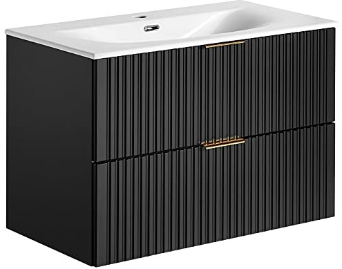 Lomadox Waschtischunterschrank mit Waschbecken 80cm ADELAIDE-56 in matt schwarz mit gerillter Front, B/H/T ca. 81/58,5/46 cm