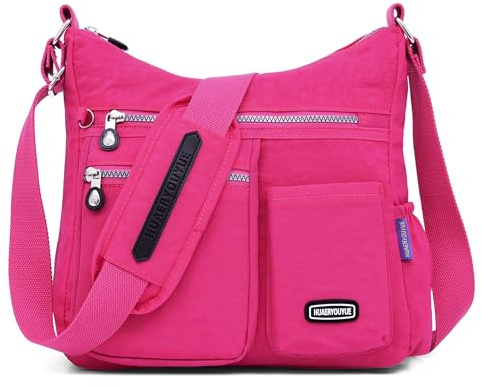 DIRRONA Sac Bandoulière Femme, Sac à Main en Nylon Léger avec Bandoulière Ajustable et Design à Multi-Poches, Sac Medium pour Voyage, Shopping, Travail et Quotidien Fuchsia Vif