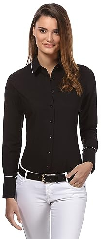 Vincenzo Boretti Camisa de Mujer, Corte Ligeramente más angosto, 100% algodón, Manga-Larga, Lisa, fácil de Planchar, Cuello Kent, Elegante y clásica Negro 40