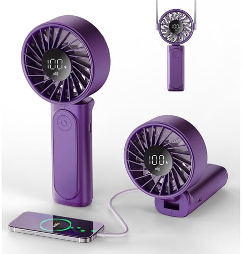 Peiyuu Mini ventilateur de bureau portable 4000 mAh, rechargeable par USB, pliable à 180°, 6 vitesses de vent, écran numérique LCD, lanière comme ventilateur de cou, ultra silencieux, format de poche