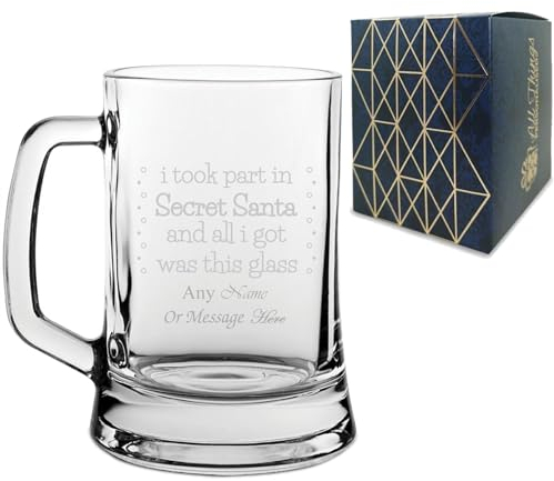 Personalised Engraved Novelty Beer Mug Stein with Secret Santa Serif Design, Add a Personalised Message, Gift Box Included, Laser Engraved, Colleague Christmas Santa Gift