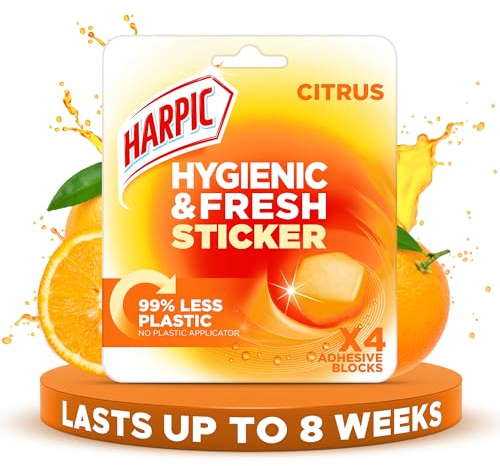 Harpic Hygienic Fresh Sticker Adhesive Toilet Block, Citrus , Pack 1 x 4 Stickers, Toilet Freshener, No Plastic Applicator, Up to 8 weeks of Freshness