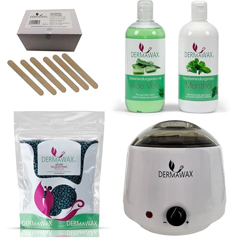 Dermawax Profi Waxing Set- 1000 ml Wachsgerät- Made in Spanien- 1 kg Azulen Wachsperlen- 500 ml Aloe Vera Vorbehandlungslotion- 500 ml Menthol Nachbehandlungsmilch 200 Stück Holzspatel