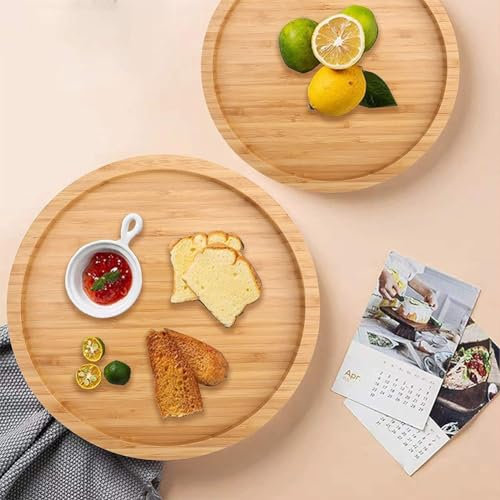Plateau de service en bois de bambou naturel, plateau rond en bois, plateau de service multifonction pour boissons, café, fruits (25 x 25 x 1,5 cm)