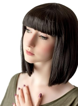 Prettyland Event Damen Bob gerade Pony Perücke Mittellange Kurze glatte hitzfeste Wig für Show Fasching Schwarz C757