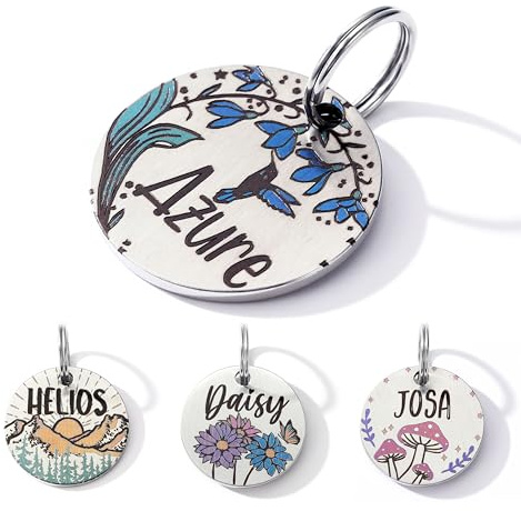 Farbige Hundemarke mit Gravur, Personalisierte Hundemarke aus Edelstahl, Gravierte Hundeanhänger mit Name, Tiermarke für Hunde und Katzen, Hund Namensschilder für Halsband (Schneelotus)