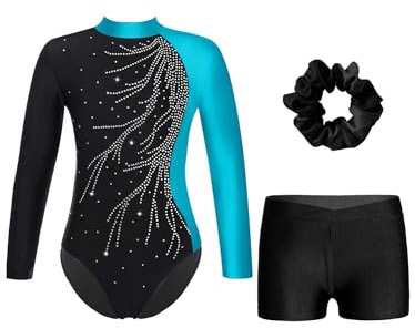 iEFiEL Mädchen Turnanzug Langarm Gymnastik Trikotanzug Glänzende Turnen Set Klassisch Gymnastikanzug Kinder Tanzbody Zd Blau Schwarz A 146-152