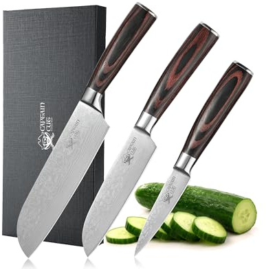 Captain Cut 3-teiliges Messerset, Edelstahl, Damast-Optik, Pakkaholzgriff | Scharfes Küchenmesser Set: Klingenlängen 17–9 cm, langlebige Edelstahlklingen, in Geschenkbox