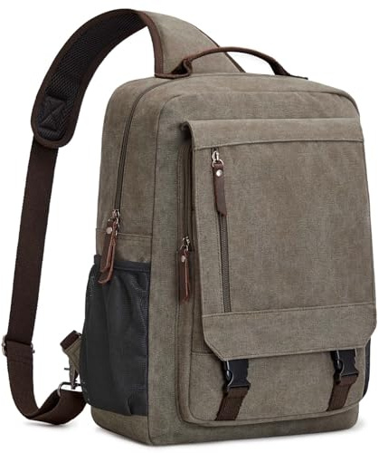 S-ZONE män 13–16 tums kanvas vattentät laptop ryggsäck crossbody sling bröstväska axelväska ledig dagryggsäck, Armégrön, L, Retro