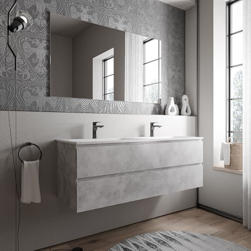 BERNSTEIN Badmöbel-Set AVA 140cm bestehend aus Mineralguss-Doppel-Waschbecken mit Unterschrank in Beton, Waschtisch Cream - Weiß matt mit Hahnloch, Ideal für große Bäder