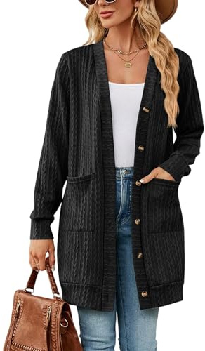 Atxnn Gilet Femme Long Cardigan Femme à Manches Longues Élégante Pull Veste Boutons avec Poches Devant Cardigan Confortable et décontracté pour Automne/Hiver