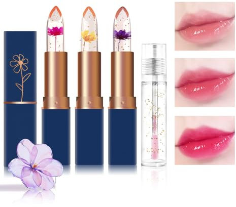 Getervb 4 Stück Flower Jelly Lippenstift Set Magic Temperature Farbwechsel Blumengelee Lippenstift Langanhaltend Lip Gloss Lippenbalsam Glossy Kosmetik (4PCS Set A, one size)