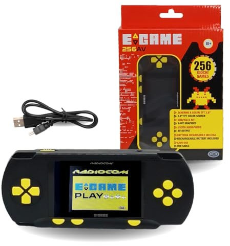 ODS - Radiocom Egame 256 Av, Console di Gioco Portatile, Schermo a Colori TFT da 2,8'', Grafica 8-bit, Batteria Ricaricabile, 16 x 7 x 2,5 cm, Età Consigliata +8 Anni
