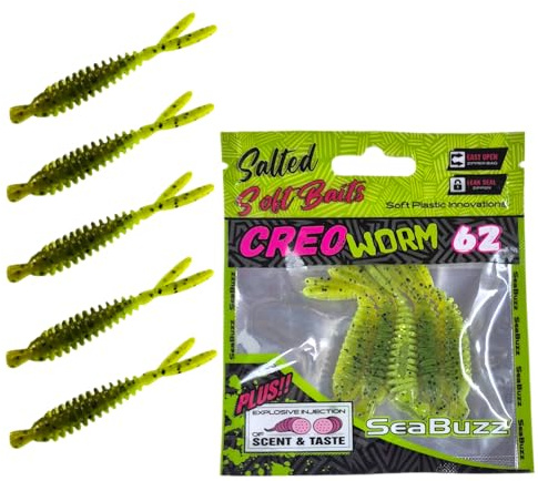 SEABUZZ Gummifische Angelköder Set Creo Worm 5x62mm Hecht Forelle Barsch | Gummiköder - Wels & Zander Kunstköder - Raubfisch Angelnset - Süß- und Salzwasser Angelausrüstung