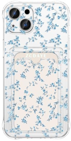 ZCDAYE Hülle für iPhone 13 mit Kartenhalter, Süße Blumen Muster Handyhülle TPU Klare Hülle Elegant Frau Damen Handytasche Stabil Edel Tasche für iPhone 13 (6.1 inches), Elegantes Blau