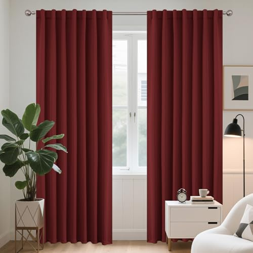 Joydeco Burgundy Red Thermal Blackout Curtain, 140 x 260 cm, Thermal Insulated Curtains, Anti-Foid and Heat, Anti-Noise, Anti-UV, Hidden Tabs for Living Room, Bedroom, Balcony – 2 Pieces