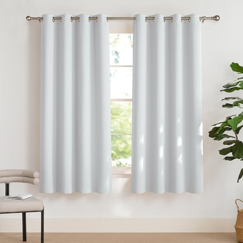PONY DANCE Thermo Gardinen Hitzeschutz Verdunkelnde Vorhänge Wohnzimmer | 2er Set, H160 x B140 cm, Grau-weiß, Blackout Curtains, Kurz, Sichtschutz, UV-Schutz, mit Ösen, für Schlafzimmer Büro Küche