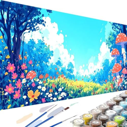 Flower Paint by Numbers Kits for Adults, Mushroom Painting by Number Kits On Canvas, with Paints and Brushes DIY Color Oil Painting Acrylic Paints for Home Wall Decor 60x30cm (Without Frame) 3-X