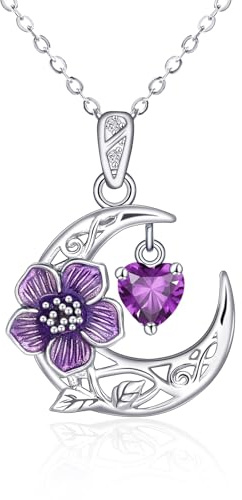 Qings Februar Amethyst Geburtsstein Halskette Sterling Silber 925 Mond Anhänger Halskette con Veilchen Geburt Blume 12 Monat Geburt Stein Geburtstag Jahrestag Geschenke für Damen