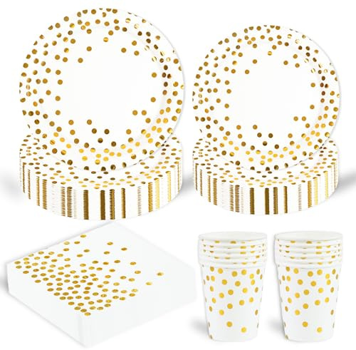 96 Stück Geburtstag Party Geschirr Set, Weiß Gold Pappteller Becher Servietten für 24 Gäste, für Mädchen Kinder Tischdekoration