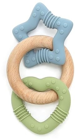 TenOne Silicone & Wooden Baby Teether, EN71-Certified-Safe Teething Ring for Babies, Soft Sensory Chew Toy, Colourful Toy (Blue Star/Green Heart)