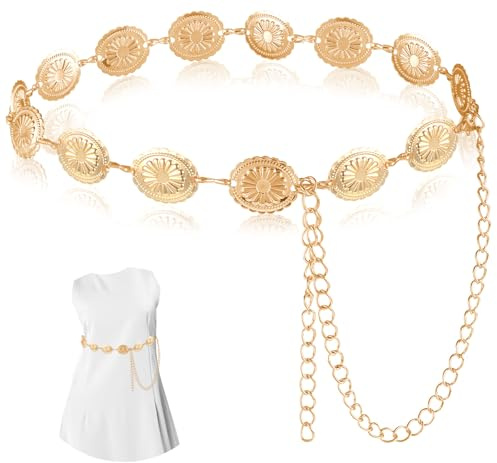 Ouligay Concho Kettengürtel Gold Taillenkette Gold Western Concho Metall Boho Gürtel Kette Verstellbarer Metall Western Cowgirl Gürtel für Kleid Bauchkette Golden Pirat Kettengürtel für Damen